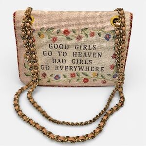Moschino "Good Girls Go to Heaven, Bad Girls Go Everywhere" Needlepoint Flap Bag